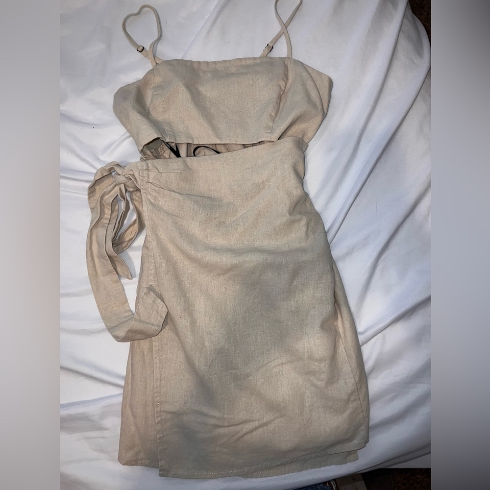 Tan linen-like dress side tie size s